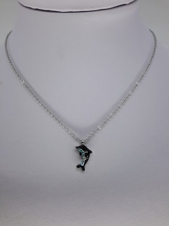 schakelketting, dolfijn, zwart blauw wit strass, edelstaal