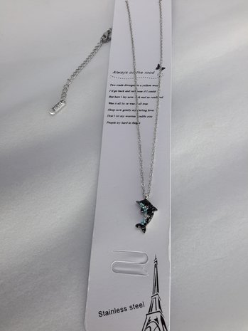 schakelketting, dolfijn, zwart blauw wit strass, edelstaal