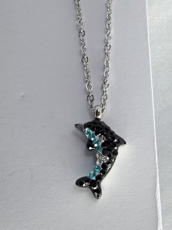 schakelketting, dolfijn, zwart blauw wit strass, edelstaal