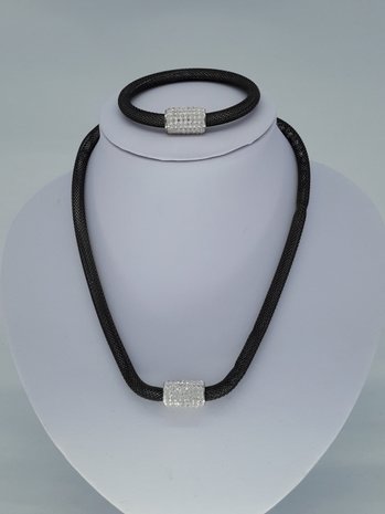 ketting & armband zwart, mesh, edelstaalset