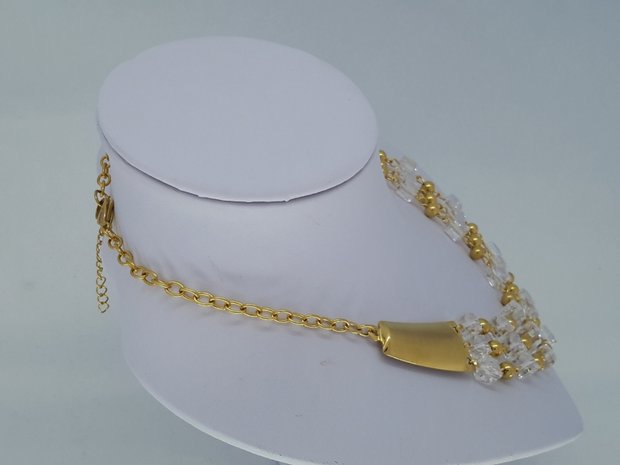 ketting & armband goud kleur, kristalblok, kogeltje, edelstaalset