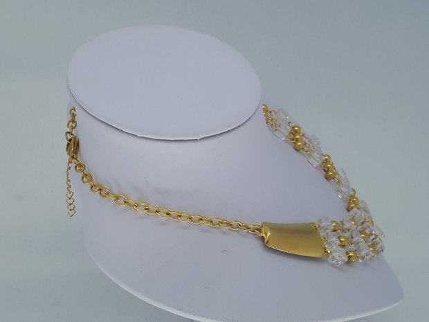 kette & armband goldfarbe, kristallblock, kugel, edelstahlset