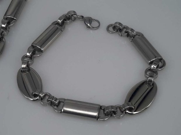 Edelstaal Konings- Armband & Ketting, lange koffieboon, ovale tube