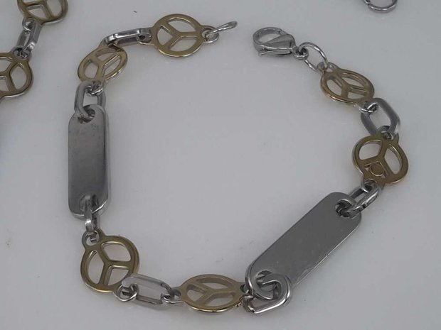 Edelstaal Konings- Armband & Ketting, plaat, ring, goudkl vrede teken
