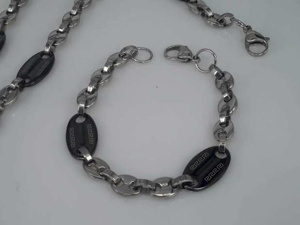 Edelstaal Konings- Armband & Ketting, koffiebonen, zwarte motief boon