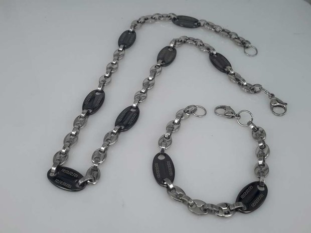 Edelstaal Konings- Armband & Ketting, koffiebonen, zwarte motief boon