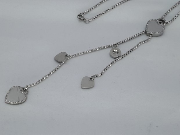 schakelketting lang, vierkant, harten strass, ketting, hartjes, edelstaal