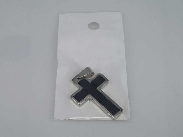 Edelstaal hanger: Kruisje plat, zwarte inleg