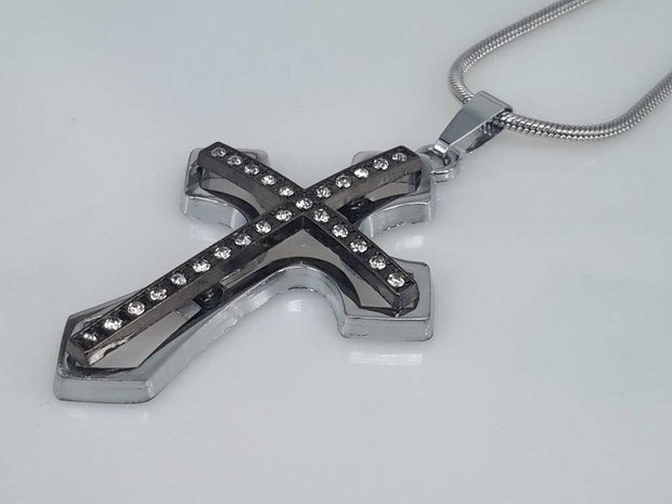 Edelstahl Anhänger, Kreuz auf Kreuz, Strass, antrazit