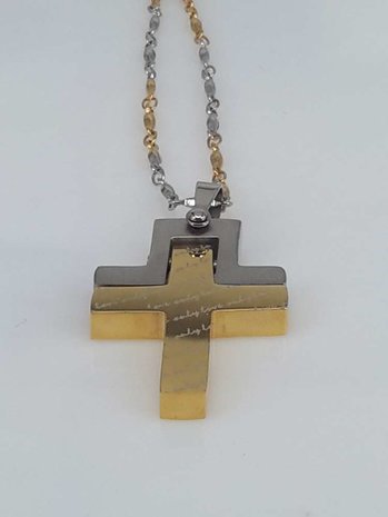 Edelstahl Anhänger, Kreuz goldf. Halter stahlf.