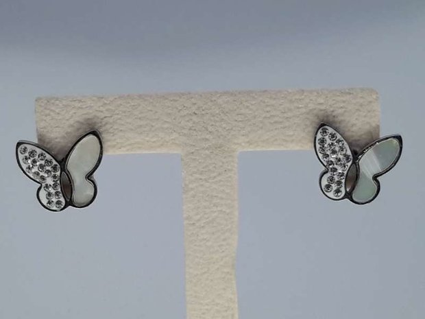 Oorstekers rvs, vlinder parelmoer strass