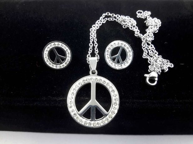 Set edelstaal sieraden peace met strasse steentjes.