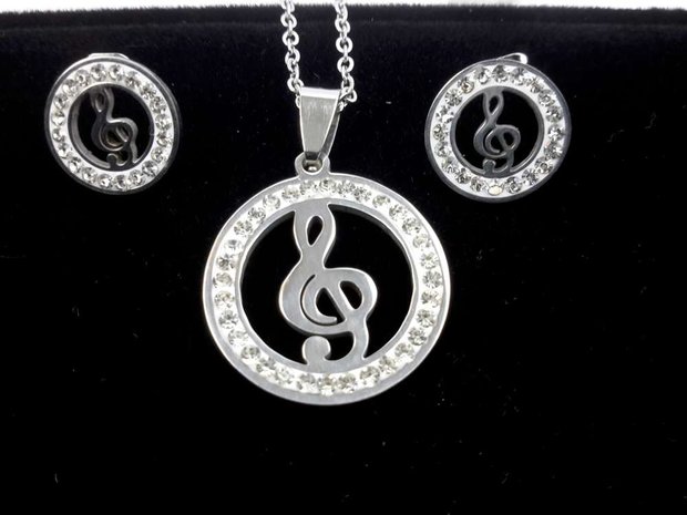 Set: Edelstahl-Schmuck Musiknote mit Strass. 