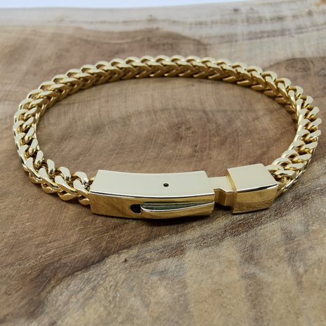 goudkleurige Armband 17cm, vierkant schakels, drukslot sluiting, edelstaal