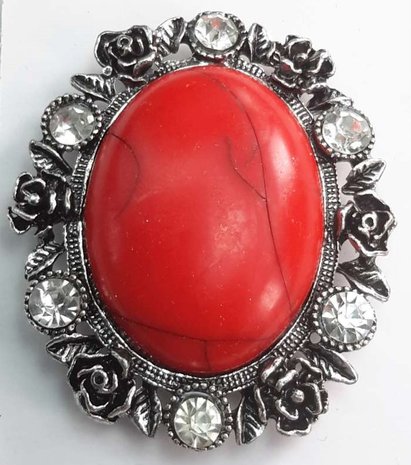 Magnet Brosche, oval, metall, Florets, rotes Howlith-Edelstein.