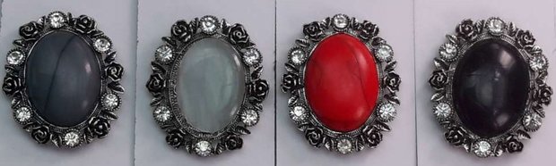 Magnet Brosche, oval, metall, Florets, rotes Howlith-Edelstein.