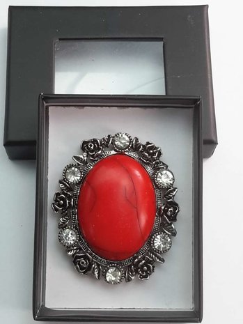 Magnet Brosche, oval, metall, Florets, rotes Howlith-Edelstein.