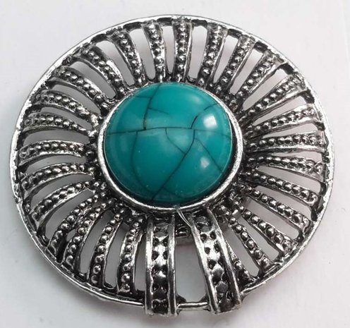 Magneet Broche, rond, metaal, turkoois blauw steen.