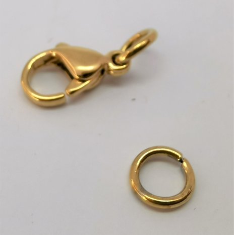 Karabinerverschluss 6er Set goldfarbener Edelstahl, 12 mm inkl. 2 offenen Ringen à 4 mm.