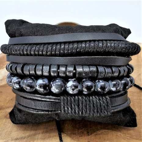 Armband Kordelzug / elastisches Leder / Perlen, schwarz / grau, 4-teilig