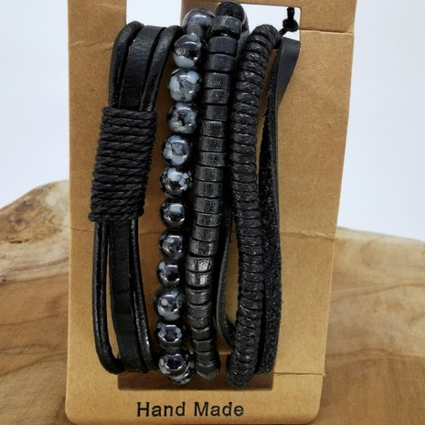 Armband Kordelzug / elastisches Leder / Perlen, schwarz / grau, 4-teilig