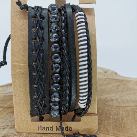 Armband Kordelzug / elastisches Leder / Perlen, schwarz / grau / weiß, 4-teilig