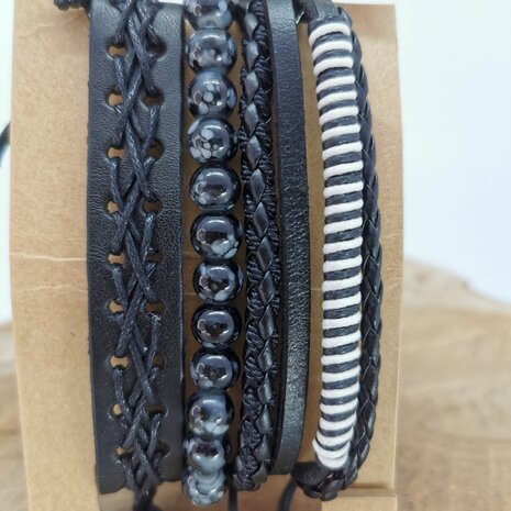 Armband Kordelzug / elastisches Leder / Perlen, schwarz / grau / weiß, 4-teilig