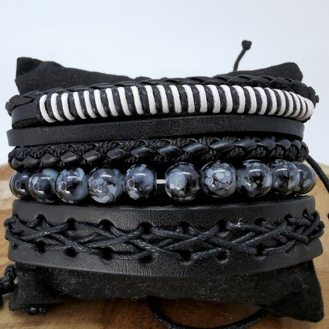 Armband Kordelzug / elastisches Leder / Perlen, schwarz / grau / weiß, 4-teilig