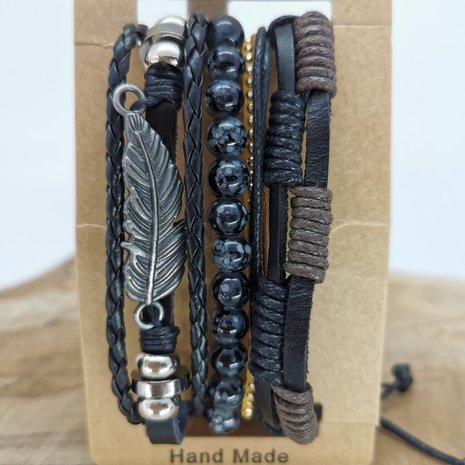 Armband trekkoord /elastiek leer/kralen, zwart/bruin/grijs, 4-delig