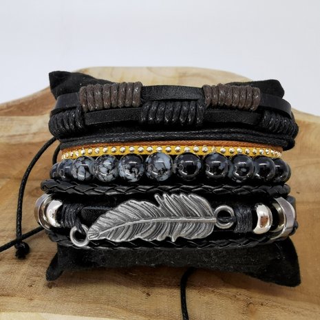 Armband Kordelzug / elastisches Leder / Perlen, schwarz / braun / grau, 4-teilig