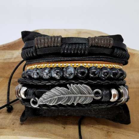 Armband trekkoord /elastiek leer/kralen, zwart/bruin/grijs, 4-delig