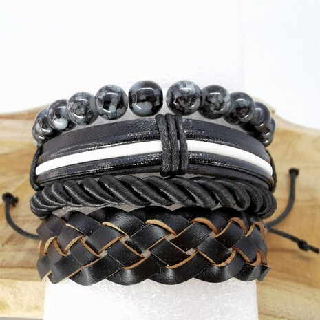 Armband Kordelzug / elastisches Leder / Perlen, schwarz / grau / weiß, 4-teilig