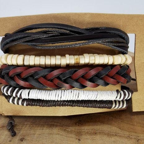 Armband Kordelzug / elastisches Leder / Holz braun / schwarz 4-teilig