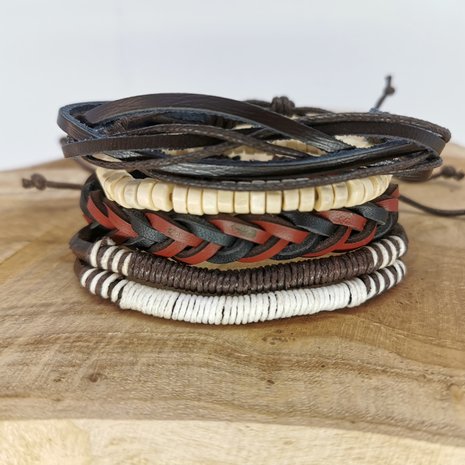 Armband Kordelzug / elastisches Leder / Holz braun / schwarz 4-teilig