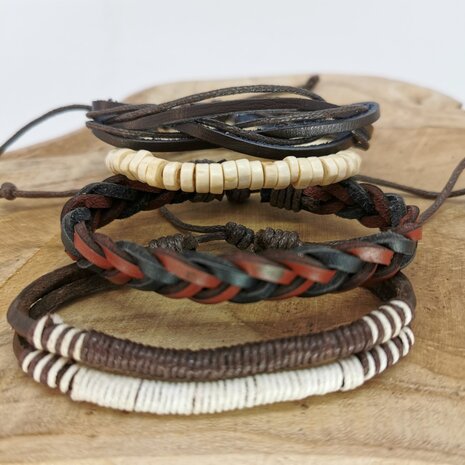 Armband trekkoord /elastiek leer/hout bruin/zwart 4-delig