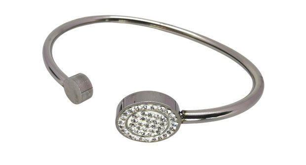 Edelstaal smalle ronde open Armband met rond strass steentjes.