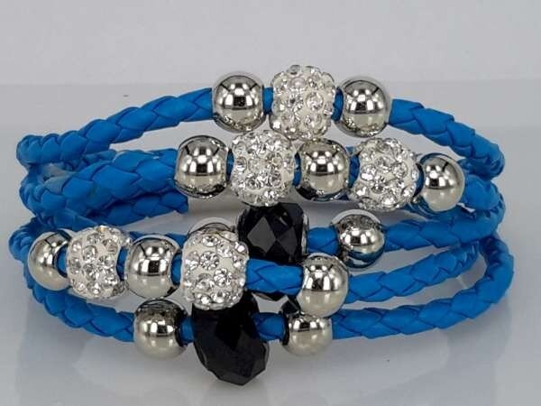 Armband, 5-delig gevlochten, kralen en shamballa's