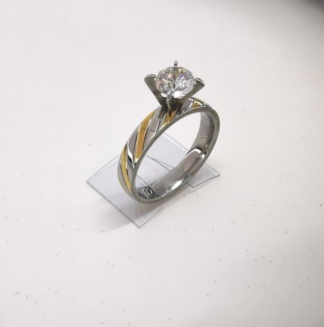 Edelstahl Ringe Silberring mit Goldfarbe schrägen Streifen besetzt 5mm Zirkonia, box 36 st