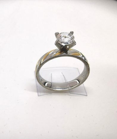 Edelstahl Ringe Silberring mit Goldfarbe schrägen Streifen besetzt 5mm Zirkonia, box 36 st