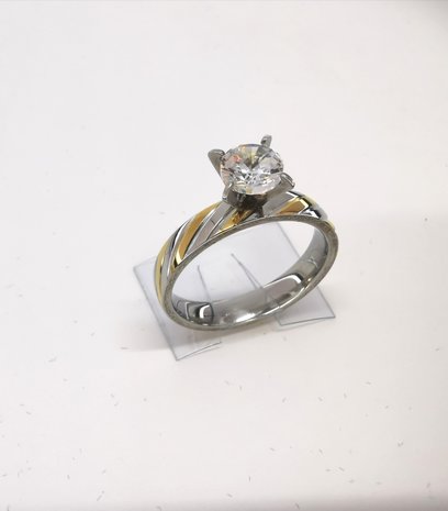 Edelstahl Ringe Silberring mit Goldfarbe schrägen Streifen besetzt 5mm Zirkonia, box 36 st