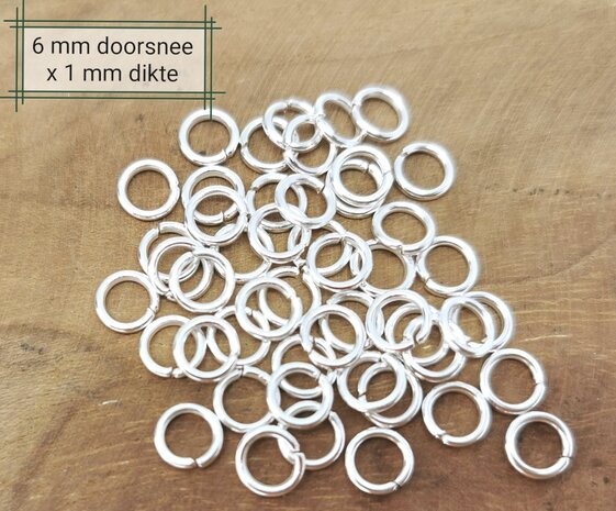 50 x 925 versilbert - Offene Ringe - Befestigungsringe -  D 1 × Ø 6 mm