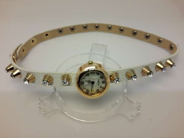 Armbandhorloge, PU leren wrap (2), goudkleur, 20 zirkonia's op studs, 4 kleuren