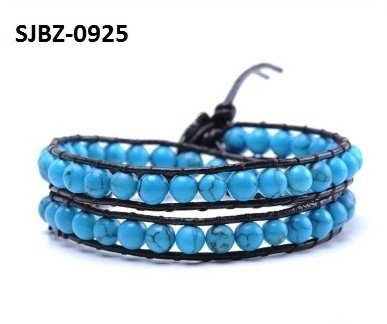 Wrap armband, zwart leer, ronde blauwe Turkoois edelstenen kralen