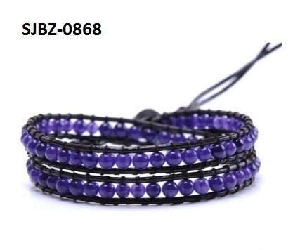 Wrap armband, zwart leer, ronde violet Agaat edelstenen kralen