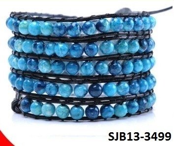 Wrap armband, zwart leer, verschillende ronde blauwe Agaat edelstenen kralen