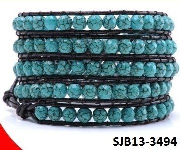 Wrap armband, zwart leer, ronde blauwe Turkoois edelstenen kralen