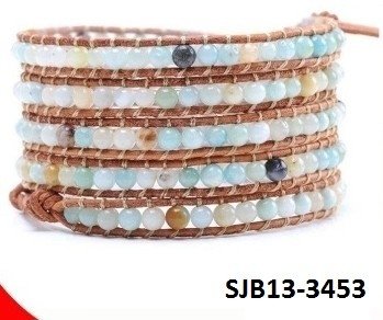 Wrap armband, caramel leer, ronde fijn-dradige (multi-strand) Agaat edelstenen kralen