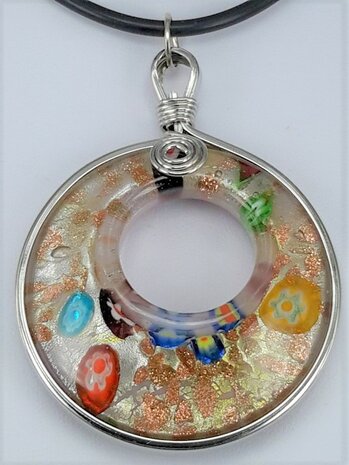 Muranohanger, ronde groot oog murano, bloem, zilvergoud. 4 kleur