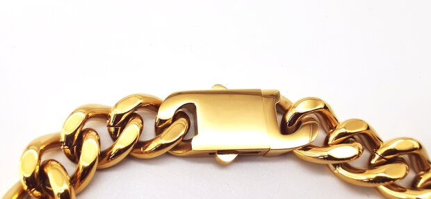 Goldfarbenes Stahlarmband mit groben Gliedern. L 22 cm