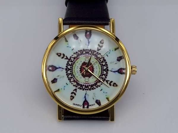 Horloge, goudkleurig met PU leren band, veertjes op wijzerplaat, 4 kleuren
